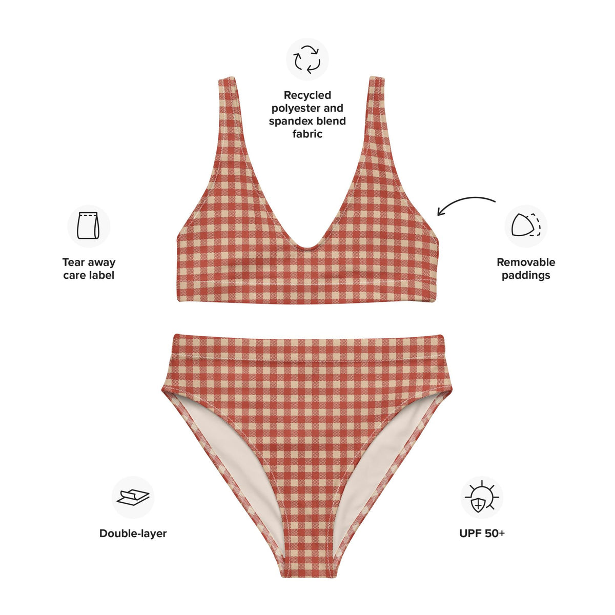 Shabby Chic Vintage-Inspired Red Gingham Bikini – Coquette Cottagecore Recycled Swimwear, Flattering High-Leg High-Waist Style