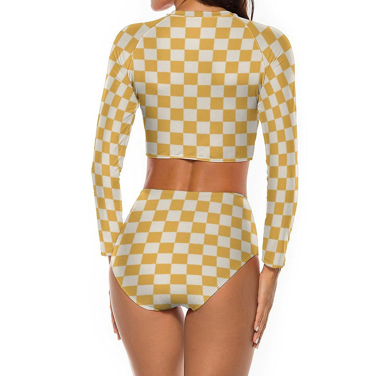 Retro Checkerboard Long Sleeve Swimsuit, High Waist Bikini