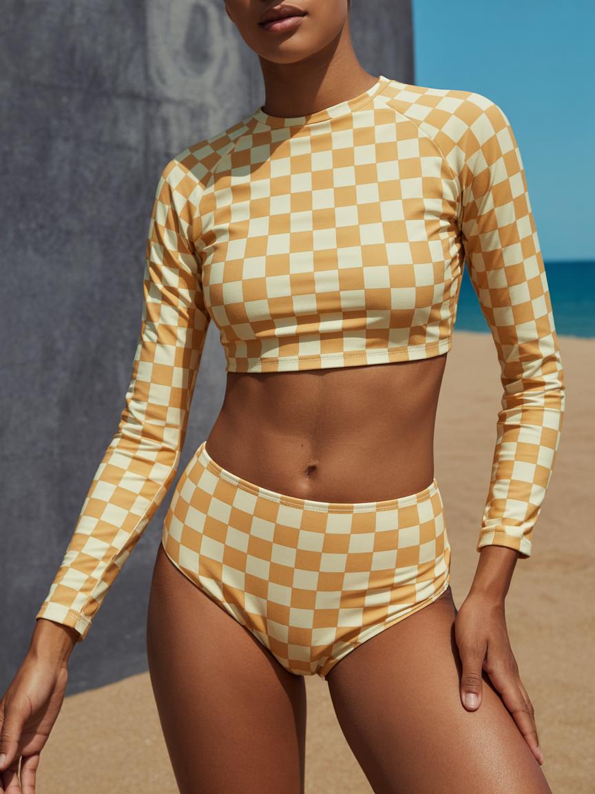 Retro Checkerboard Long Sleeve Swimsuit, High Waist Bikini