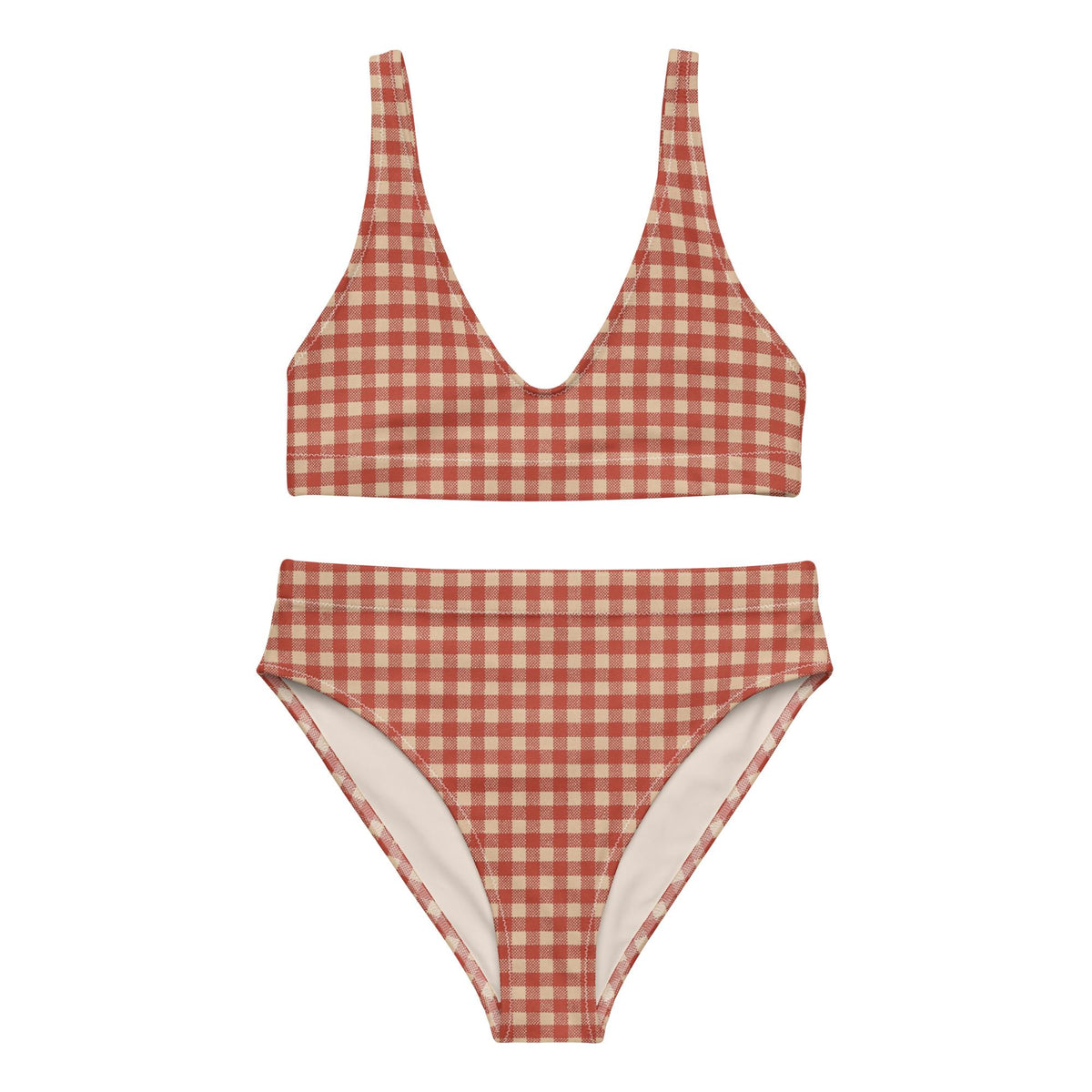 Shabby Chic Vintage-Inspired Red Gingham Bikini – Coquette Cottagecore Recycled Swimwear, Flattering High-Leg High-Waist Style