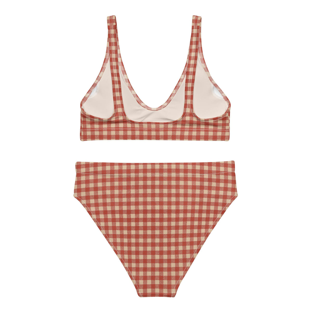 Shabby Chic Vintage-Inspired Red Gingham Bikini – Coquette Cottagecore Recycled Swimwear, Flattering High-Leg High-Waist Style