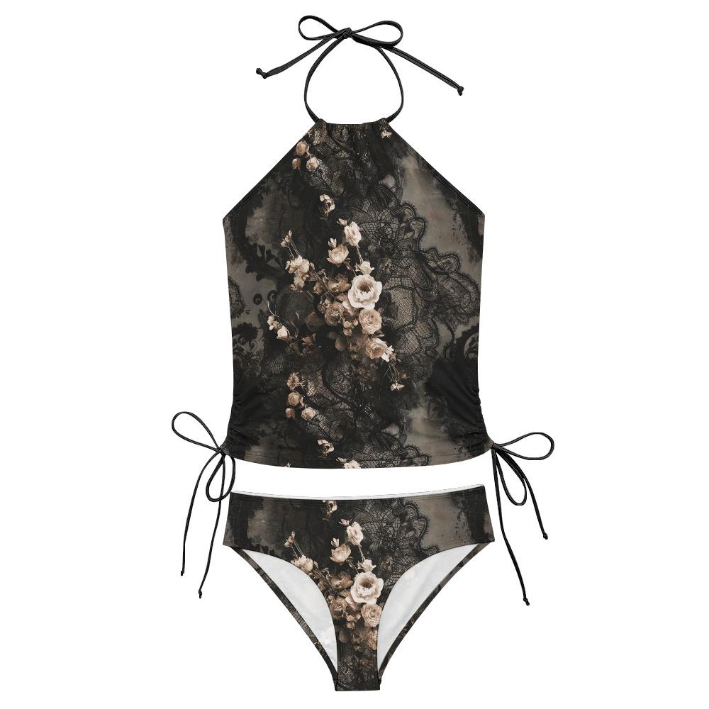 Dark Floral Lace Tankini Set | Gothic Halter Swimwear