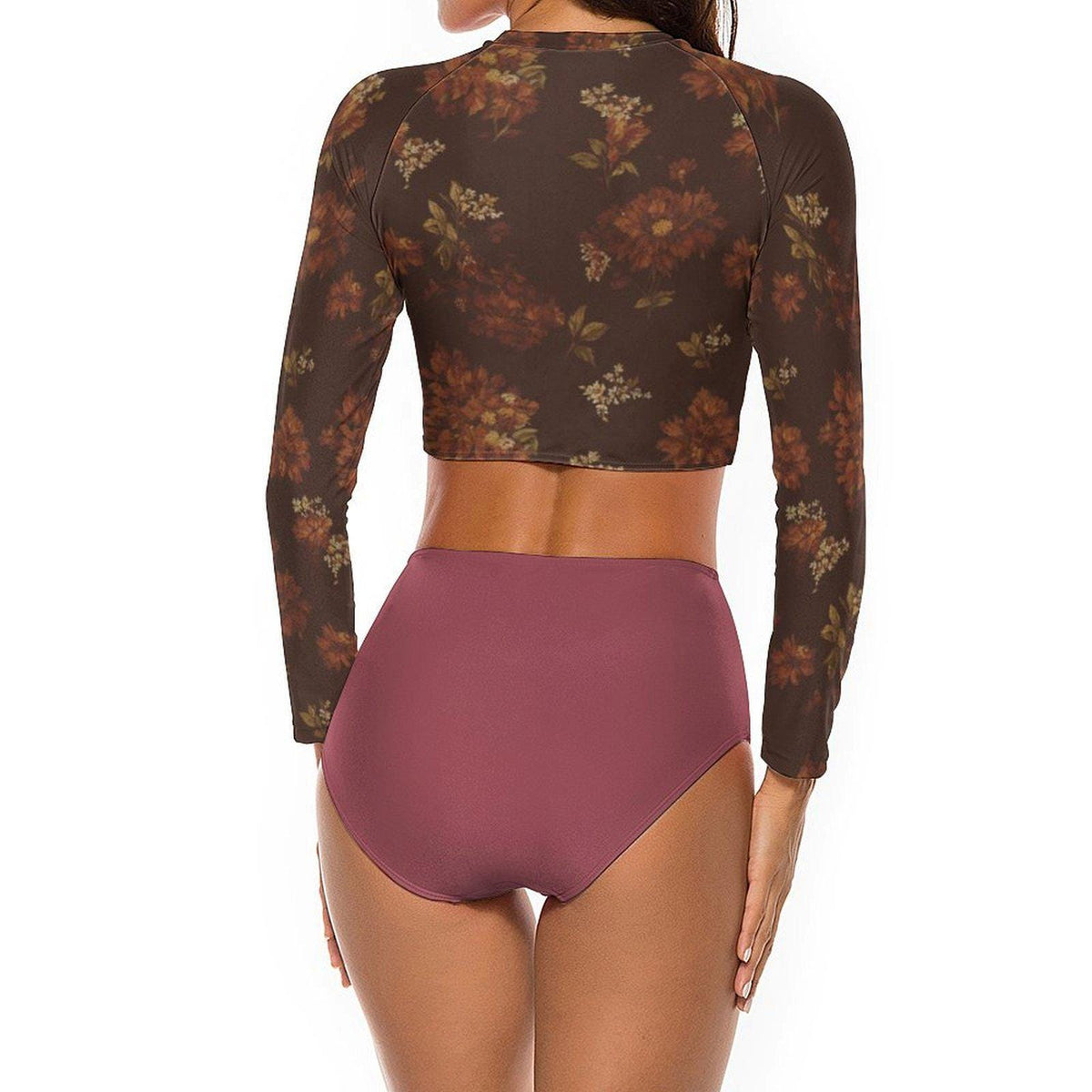 Vintage Autumn Floral Two-Piece Swimsuit | Retro Surf Long-Sleeve Crop Top & High-Waisted Bottoms | XS–2XL