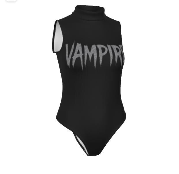 VAMPIRE Black Ribbed Sleeveless Gothic High-Leg Swimsuit, Mock Neck, Halloween Pool Party Outfit