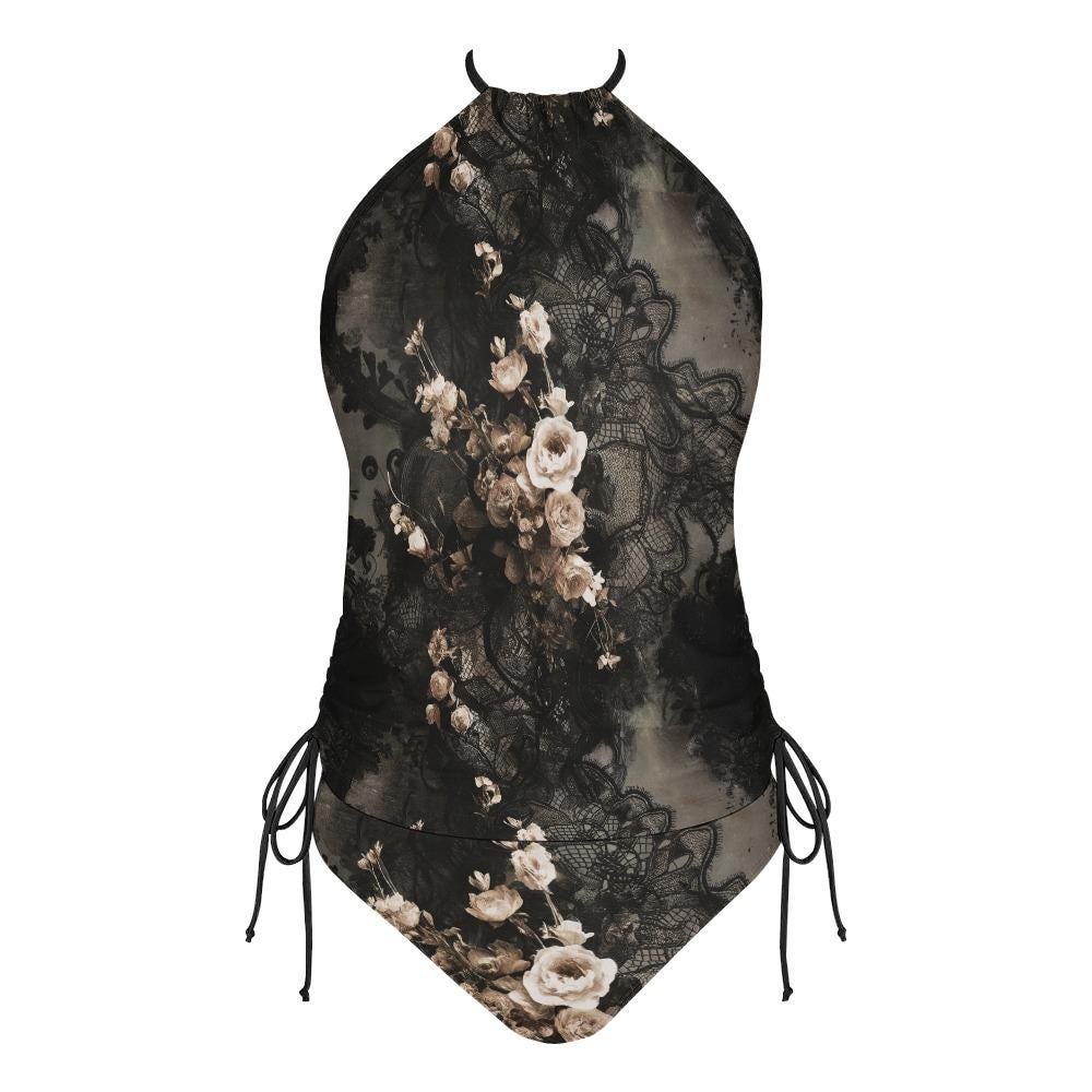 Dark Floral Lace Tankini Set | Gothic Halter Swimwear