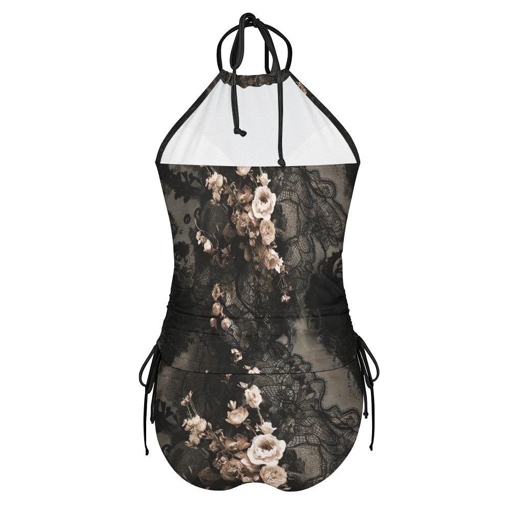 Dark Floral Lace Tankini Set | Gothic Halter Swimwear