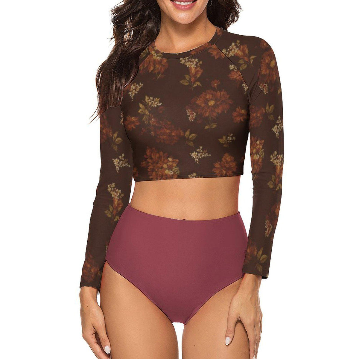 Vintage Autumn Floral Two-Piece Swimsuit | Retro Surf Long-Sleeve Crop Top & High-Waisted Bottoms | XS–2XL