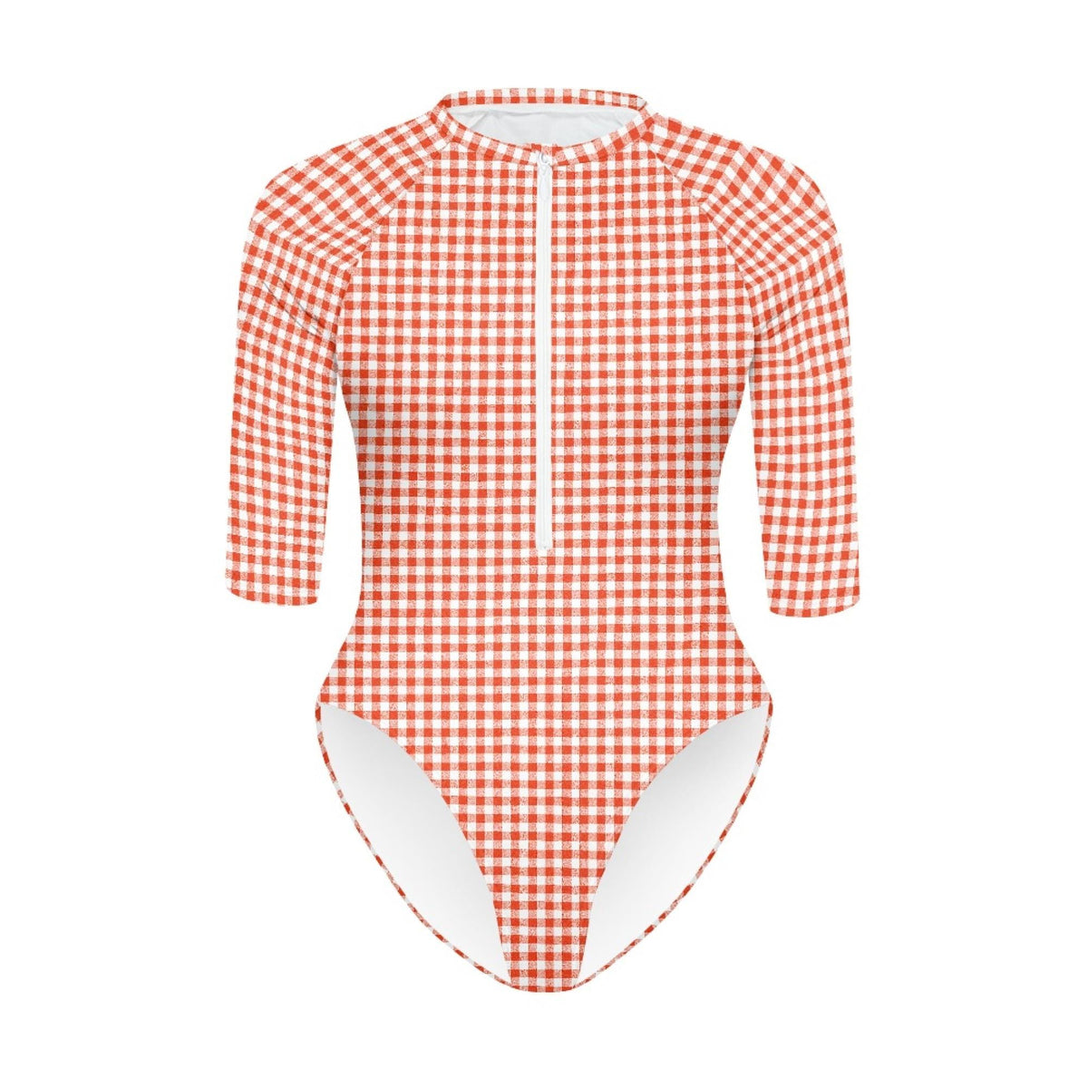 Lightweight Red Gingham Swimsuit, Zip Front, High Leg, Rash Guard- Unlined