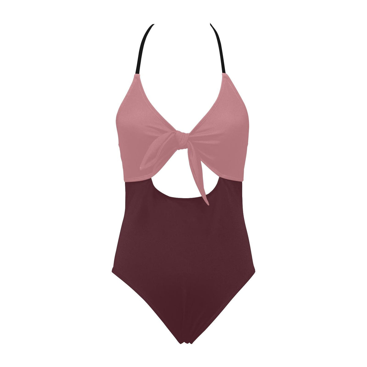 2-Tone Tie Front Cut-Out One-Piece Swimsuit – Retro Sexy Plunge Monokini – Various Colour Combinations