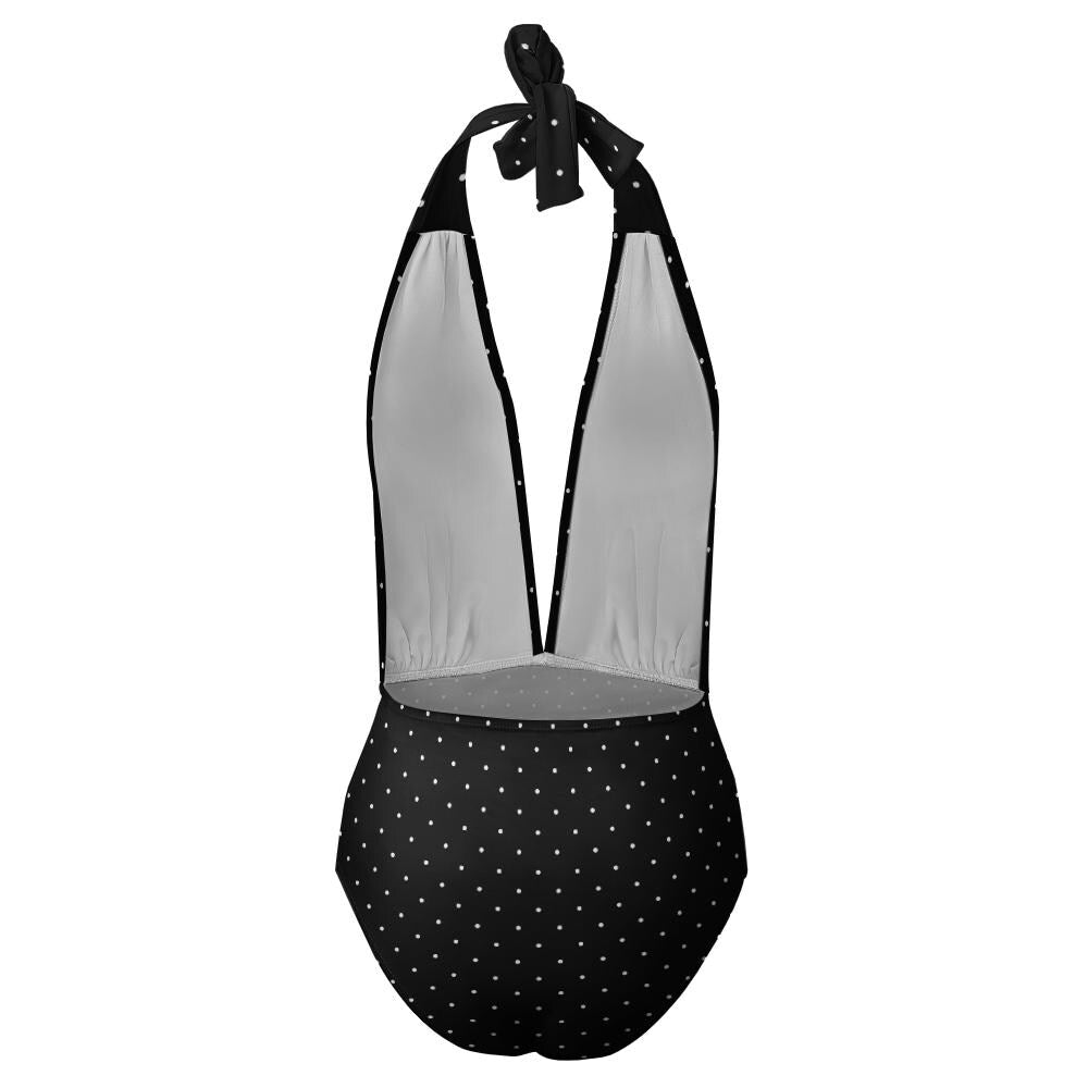Classic Black Polka Dot One Piece Swimsuit – High-Waist Retro Bathing Suit, Backless Halter Swimwear
