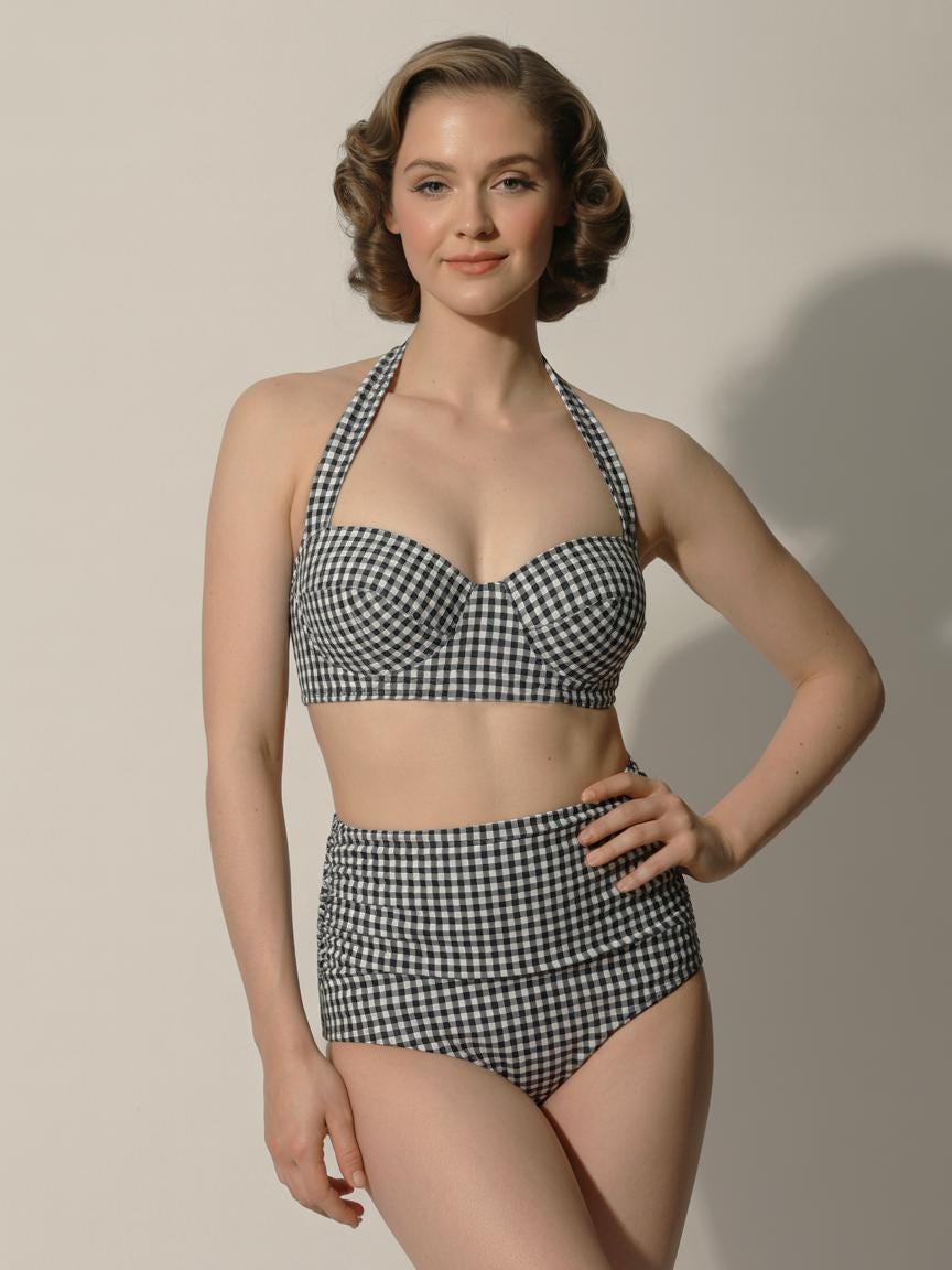 Coquette Vintage-Inspired High-Waist Bikini, Retro Pin-Up 50s Gingham Halter Two-Piece Swimsuit, Black
