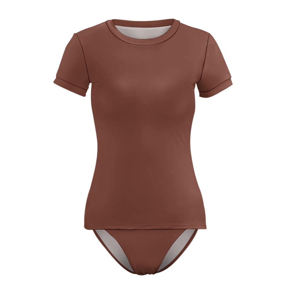 Chic Minimalist Surf Bikini-Set – Stylish Short Sleeve Rash Guard Swim-Top & Briefs Tankini | Chocolate Brown