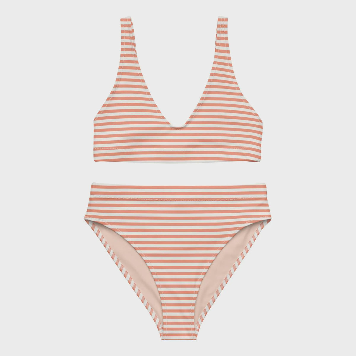 Striped High-Waisted Bikini – Nautical Recycled Swimwear, UPF 50+