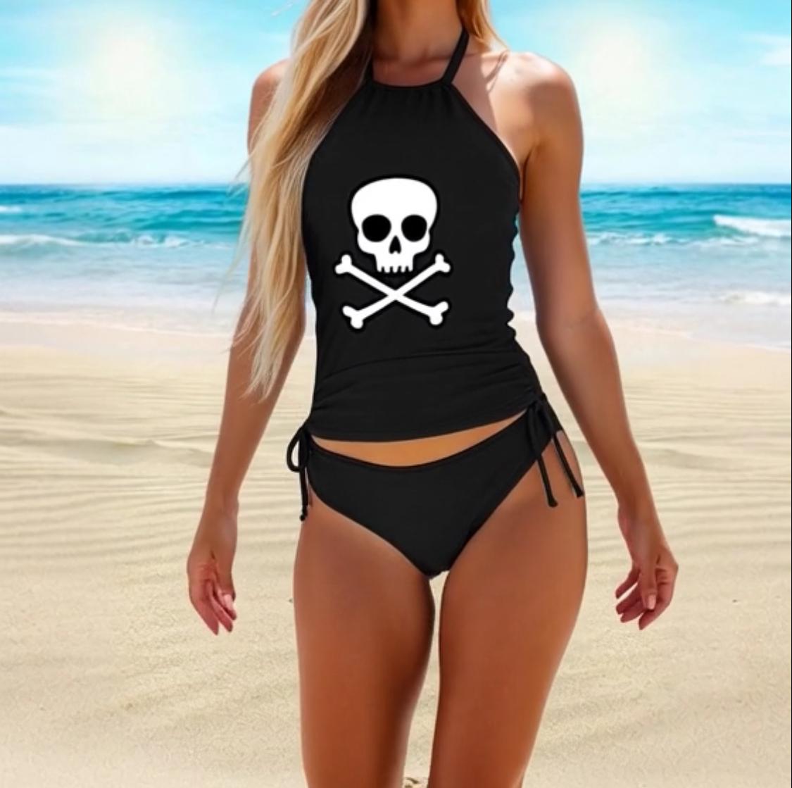 Skull & Crossbones Tankini Set - Black Halter Top, Adjustable Sides