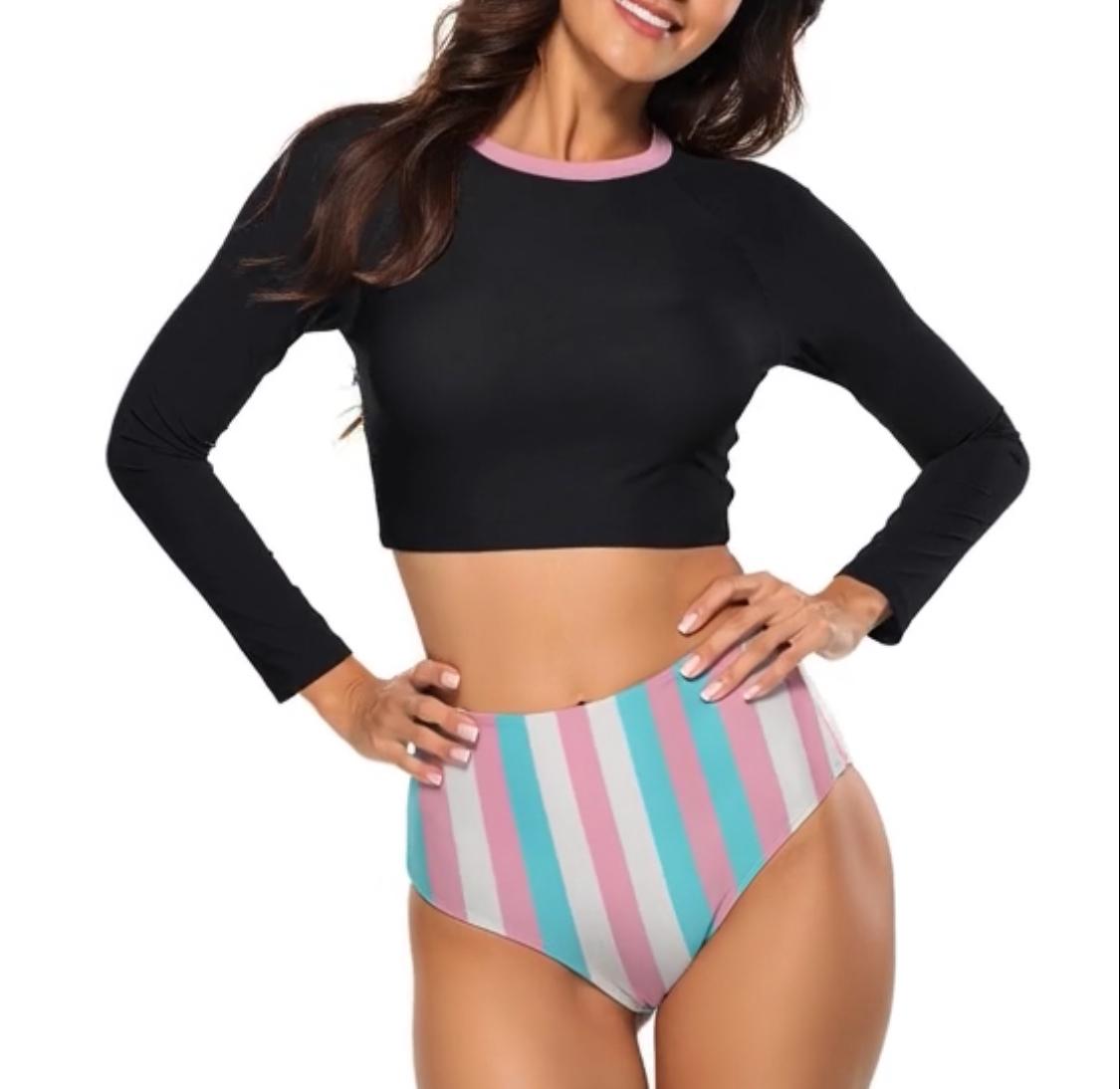 Emo Y2K Goth Grunge High-Waist Bikini | Sporty Long Sleeve Crop Top Swimsuit | Black & Bubblegum