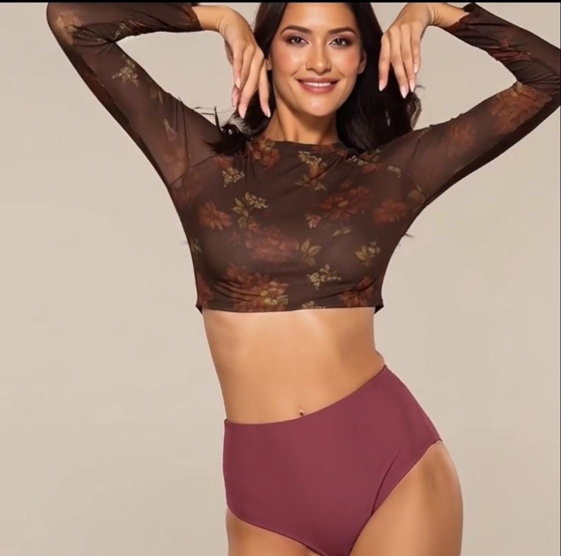 Vintage Autumn Floral Two-Piece Swimsuit | Retro Surf Long-Sleeve Crop Top & High-Waisted Bottoms | XS–2XL