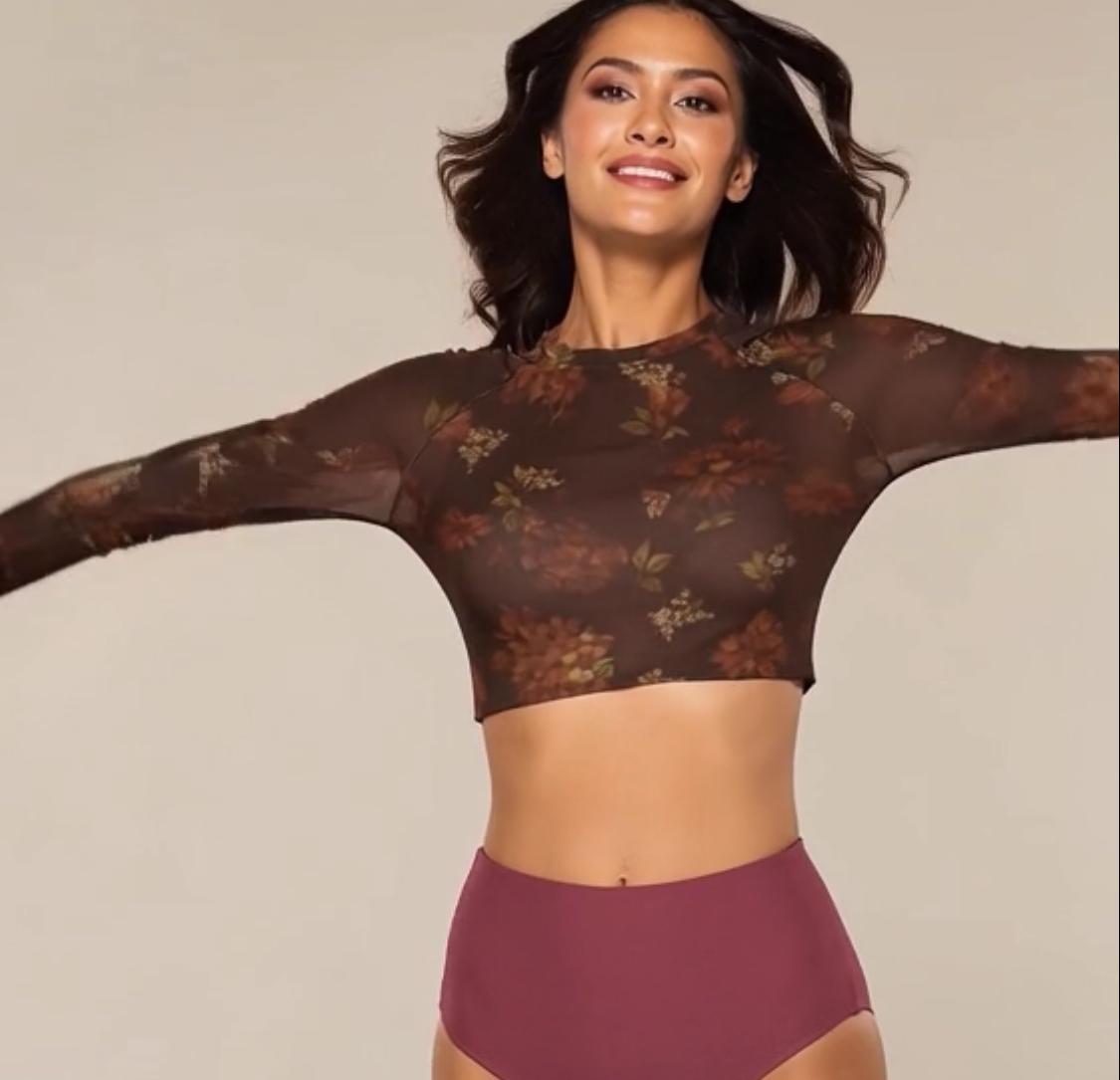 Vintage Autumn Floral Two-Piece Swimsuit | Retro Surf Long-Sleeve Crop Top & High-Waisted Bottoms | XS–2XL