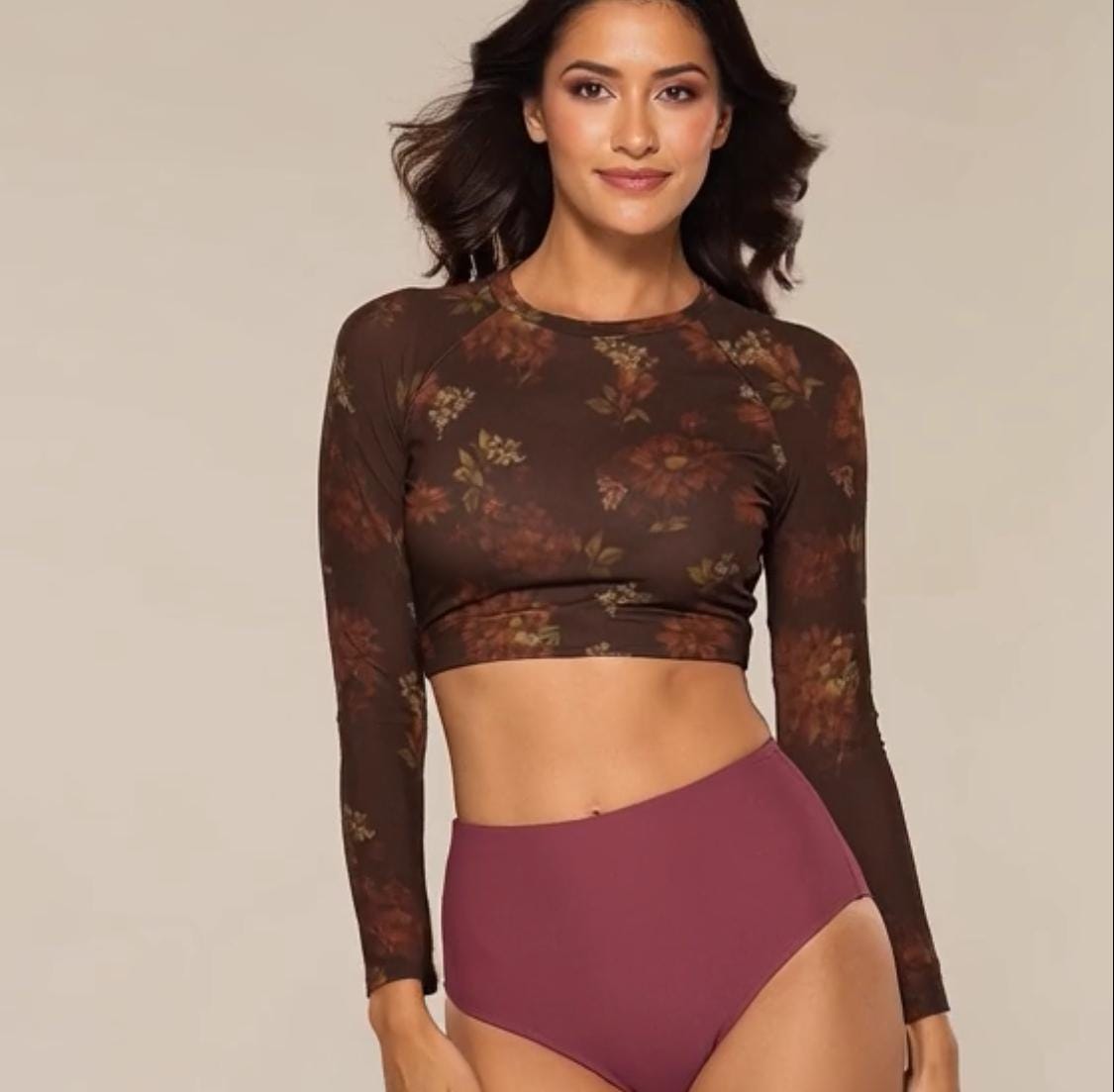 Vintage Autumn Floral Two-Piece Swimsuit | Retro Surf Long-Sleeve Crop Top & High-Waisted Bottoms | XS–2XL