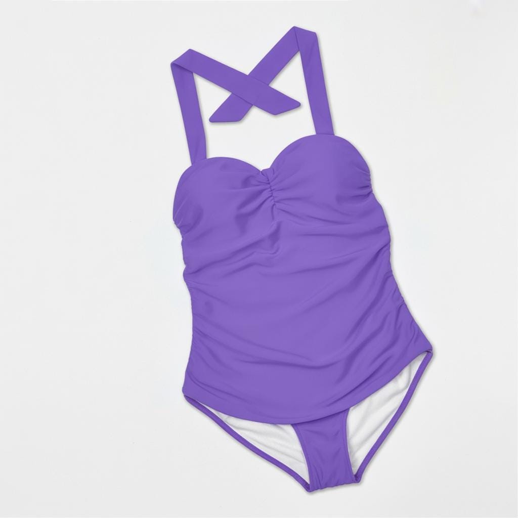 Purple Halter One-Piece Swimsuit, Vintage Rockabilly Style, Tummy Control