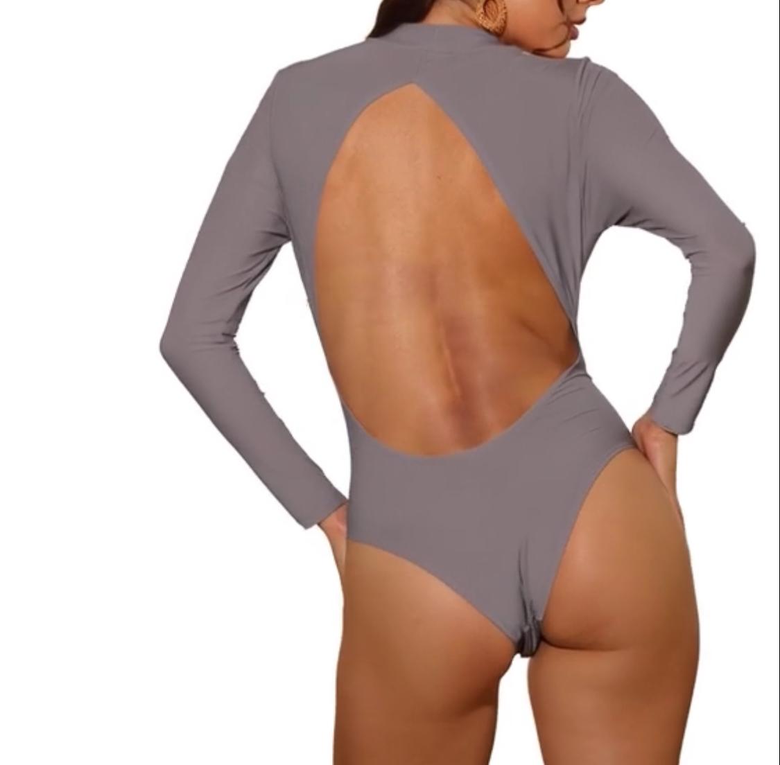 Y2K Taupe Backless Swimsuit – Long Sleeve Bodysuit with Thumbholes