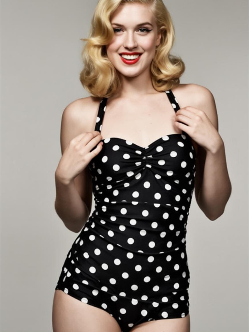 Retro Black Polka Dot Halter Swimsuit, Rockabilly Vintage 50s Pin Up, Padding & Tummy Control
