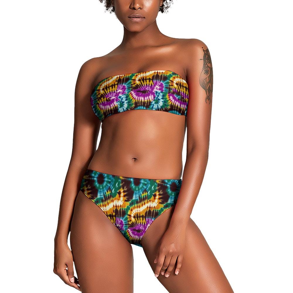 Tie Dye Bandeau Bikini Set, 60s Retro Swimsuit