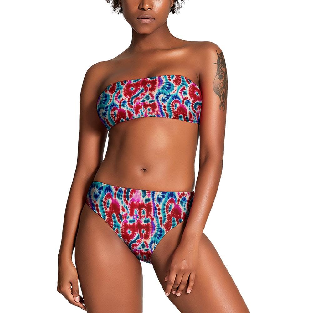 Tie Dye Bandeau Bikini Set, 60s Retro Swimsuit