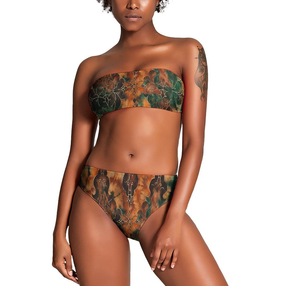 Tie Dye Bandeau Bikini Set, 60s Retro Swimsuit