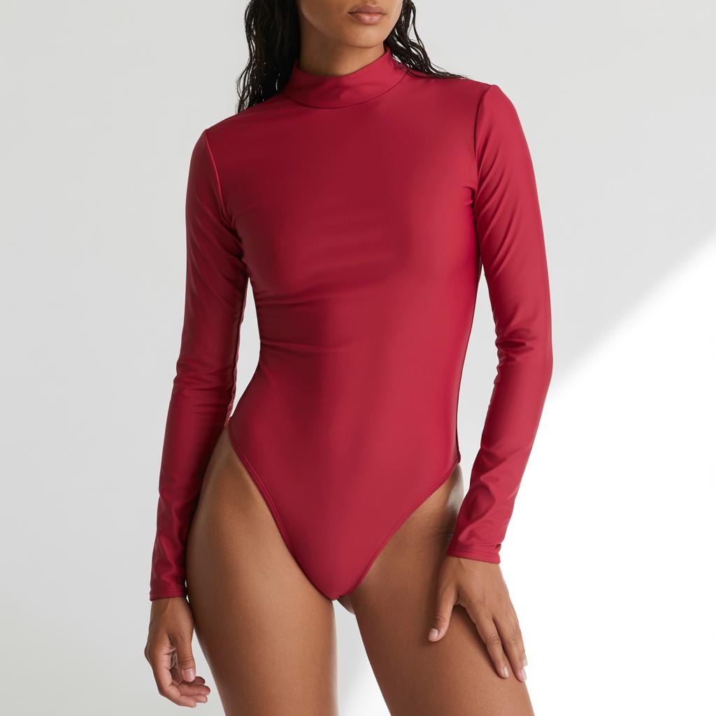 Persian Red Long-Sleeve Swimsuit, Surf Swimwear, Open Back, Lined Front, Removable Padding
