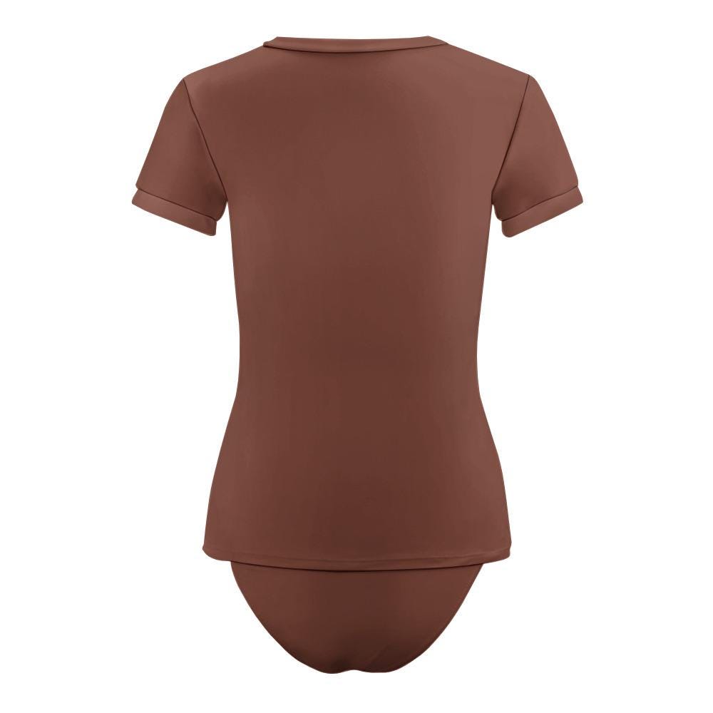Chic Minimalist Surf Bikini-Set – Stylish Short Sleeve Rash Guard Swim-Top & Briefs Tankini | Chocolate Brown
