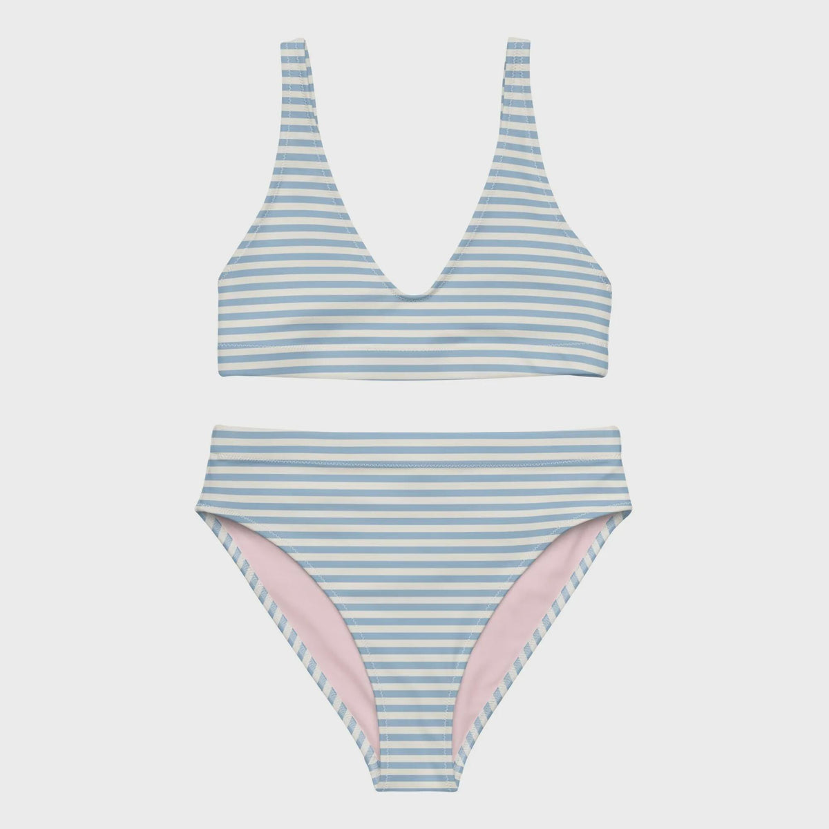 Striped High-Waisted Bikini – Nautical Recycled Swimwear, UPF 50+