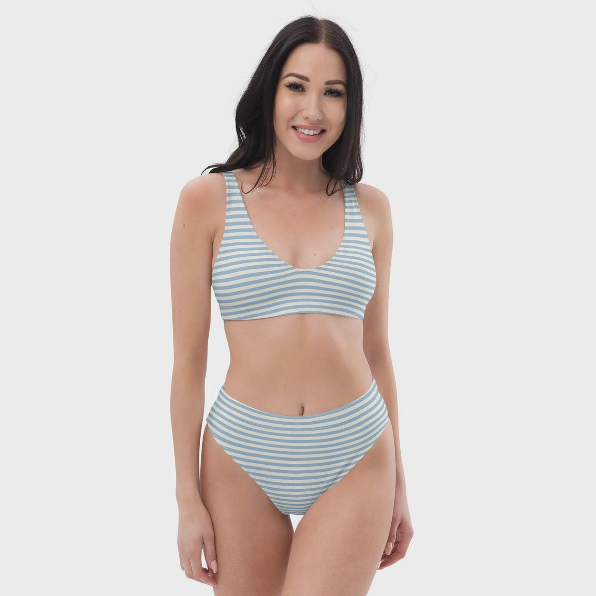 Striped High-Waisted Bikini – Nautical Recycled Swimwear, UPF 50+