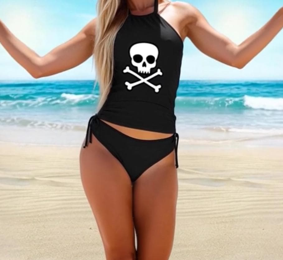 Skull & Crossbones Tankini Set - Black Halter Top, Adjustable Sides