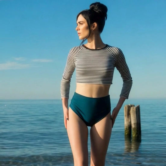 Y2K Goth Grunge High-Waist Bikini | Sporty Surf Long-Sleeve Crop-Top Swimsuit | Black Striped & Teal