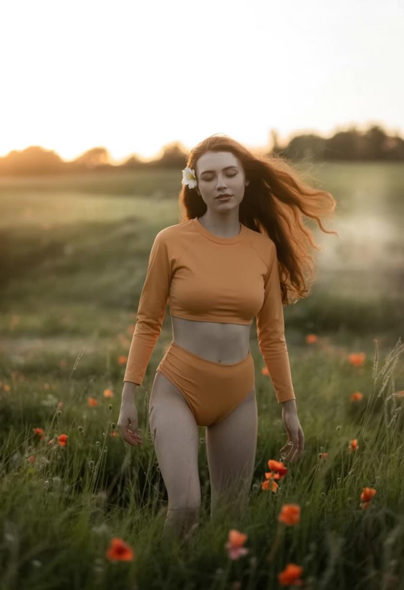 70s Retro Surf Colours Sporty Long-Sleeve Crop-Top Bikini | High-Waist Two-Piece Swimwear | S-2XL | Peach Orange