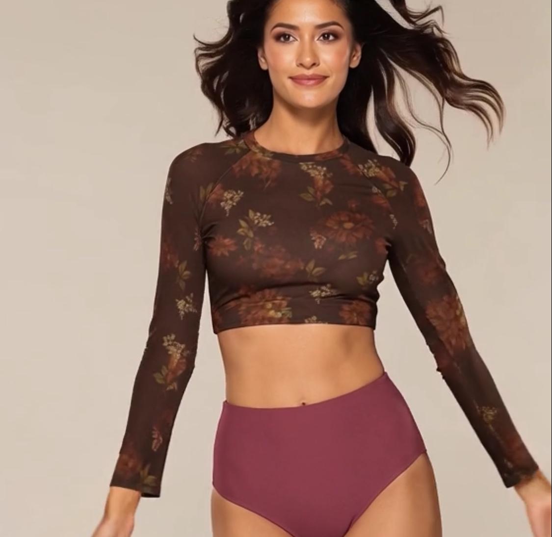 Vintage Autumn Floral Two-Piece Swimsuit | Retro Surf Long-Sleeve Crop Top & High-Waisted Bottoms | XS–2XL