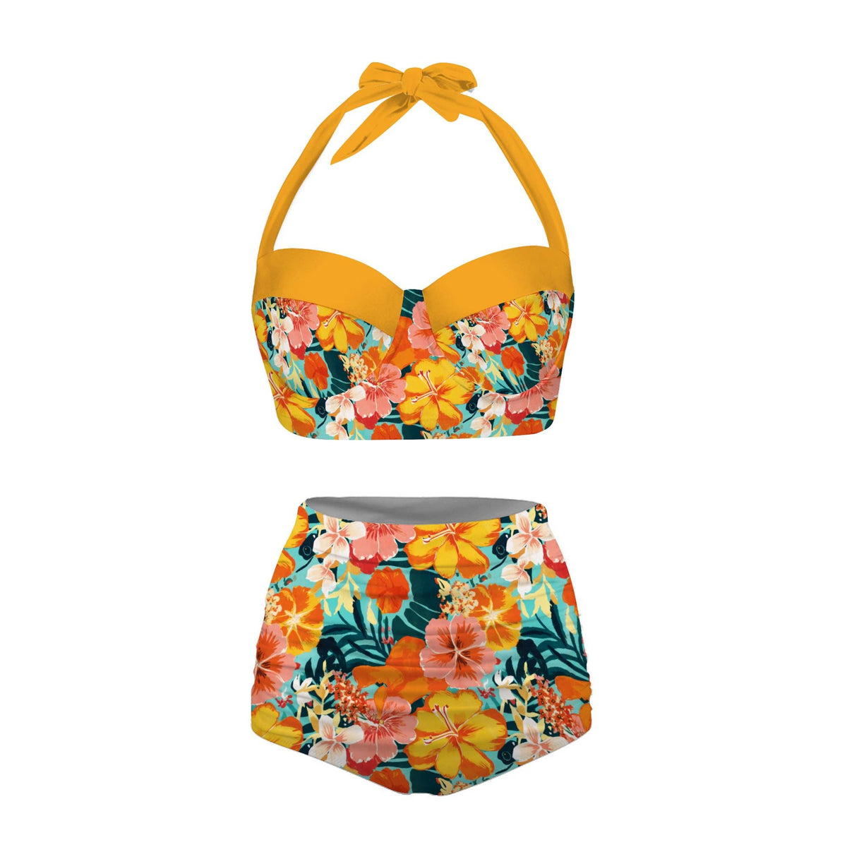 Vintage High-Waisted Bikini | Surf Ruched Halter Two-Piece Swimsuit Pin-Up Bathing Suit | Retro Hawaii Florals
