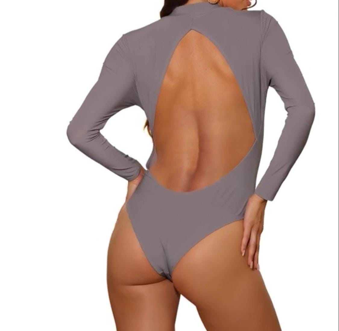 Y2K Taupe Backless Swimsuit – Long Sleeve Bodysuit with Thumbholes