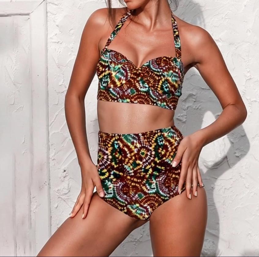 Retro High-Waist Bikini | Tie Dye-Print Halter Swimsuit | Boho Ruched Two-Piece Bathing Suit | Forest Colours
