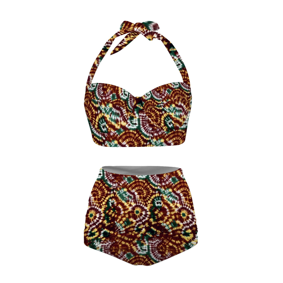 Retro High-Waist Bikini | Tie Dye-Print Halter Swimsuit | Boho Ruched Two-Piece Bathing Suit | Forest Colours