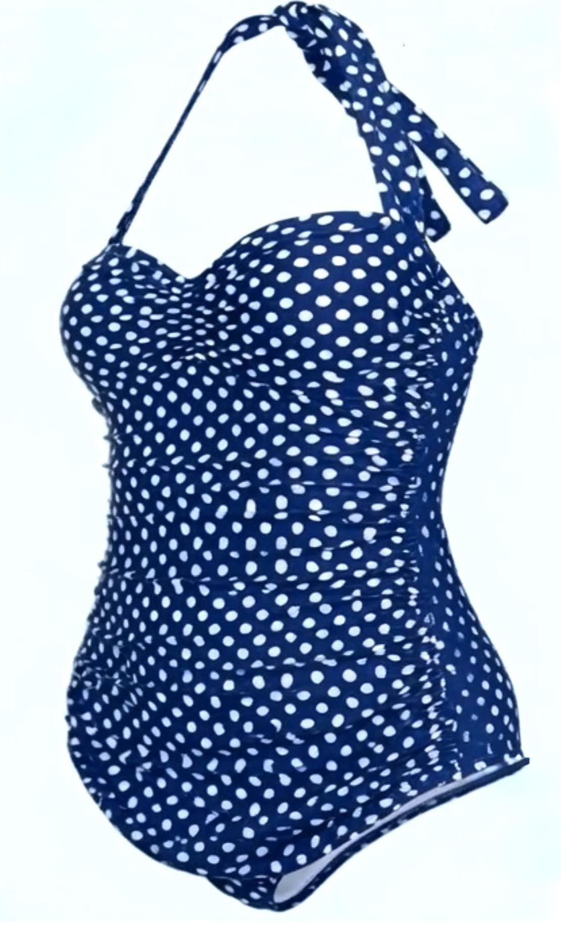 Polka Dot Halterneck One-Piece Swimsuit Vintage 50s Pin Up, Padding & Tummy Control, Various Colours