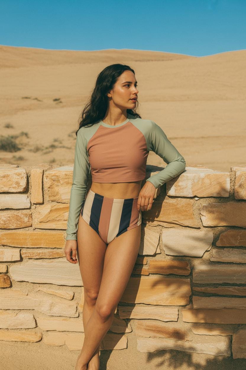 Retro Surf Long-Sleeve Bikini - Cropped Rash-Guard, High-Waist Bottoms - Sporty Two-Piece Swimsuit, Grey / Terracotta / Navy