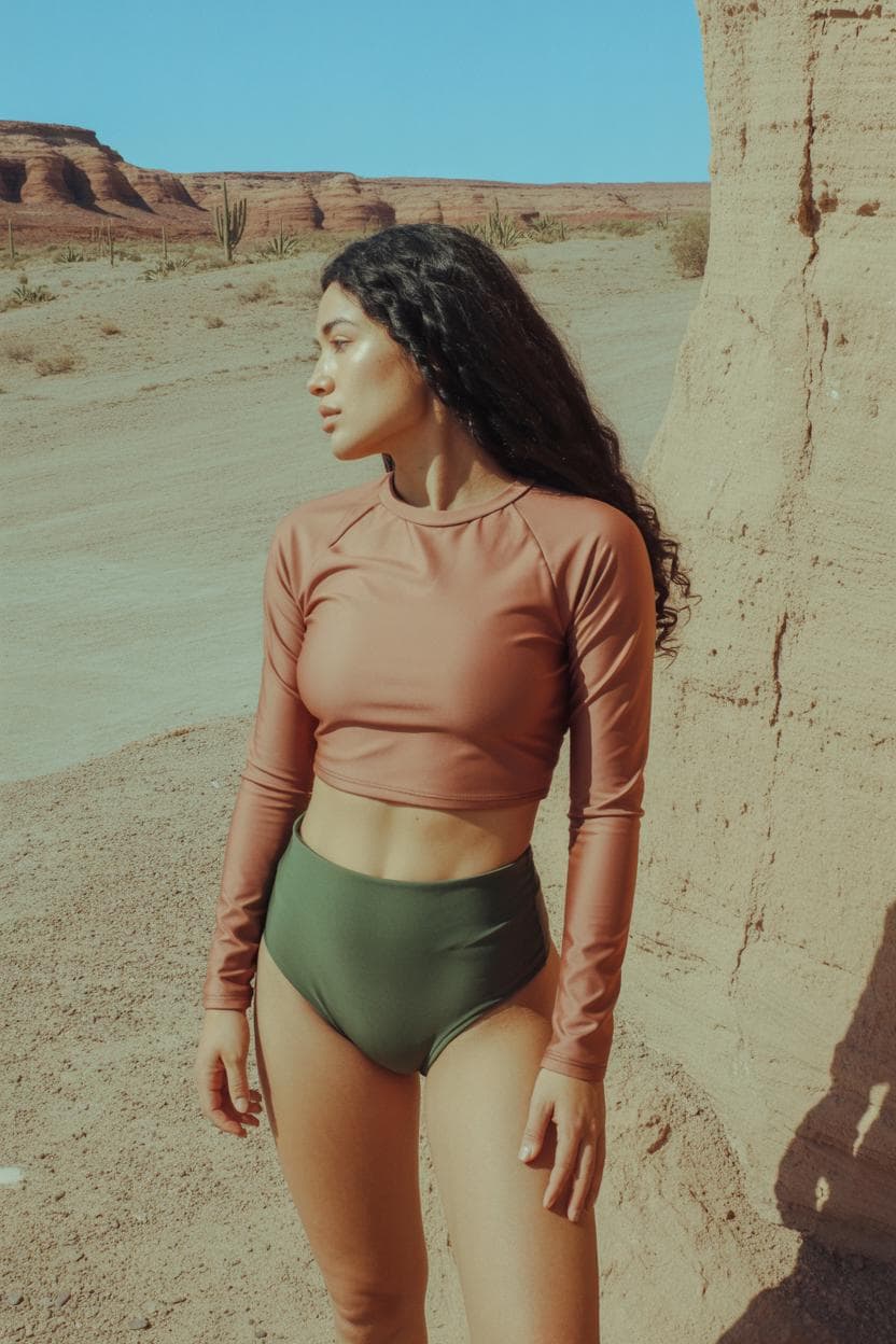 Retro Surf Long-Sleeve Bikini - Cropped Rash-Guard, High-Waist Bottoms - Sporty Two-Piece Swimsuit, Terracotta / Forest Green