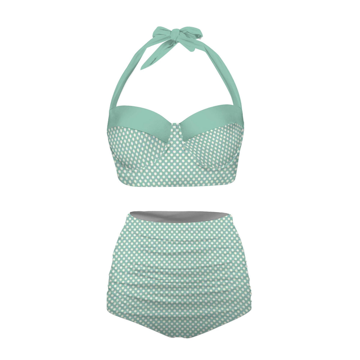 Vintage-Style High-Waisted Bikini | Retro Sweetheart Polka-Dot Pin-Up Halter Ruched Two-Piece Swimsuit, Mint