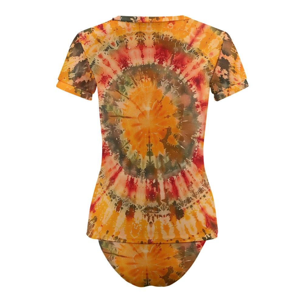 Retro Surf Bikini Set – Short Sleeve Tankini Rash Guard | Boho Tie Dye Print