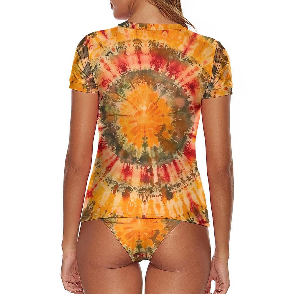Retro Surf Bikini Set – Short Sleeve Tankini Rash Guard | Boho Tie Dye Print