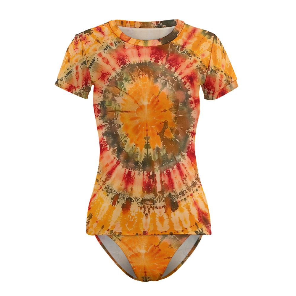 Retro Surf Bikini Set – Short Sleeve Tankini Rash Guard | Boho Tie Dye Print