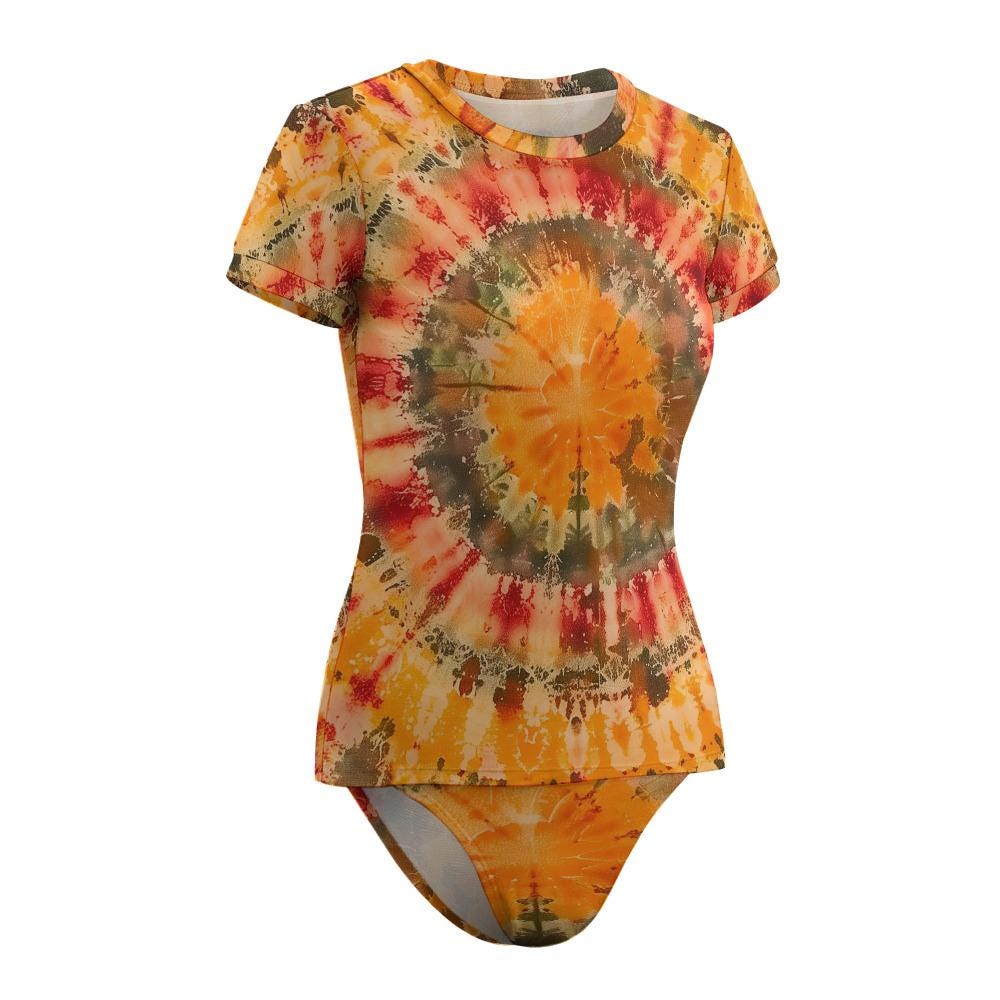Retro Surf Bikini Set – Short Sleeve Tankini Rash Guard | Boho Tie Dye Print