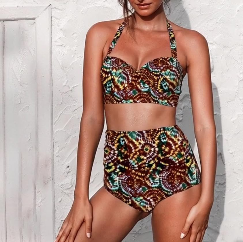 Retro High-Waist Bikini | Tie Dye-Print Halter Swimsuit | Boho Ruched Two-Piece Bathing Suit | Forest Colours