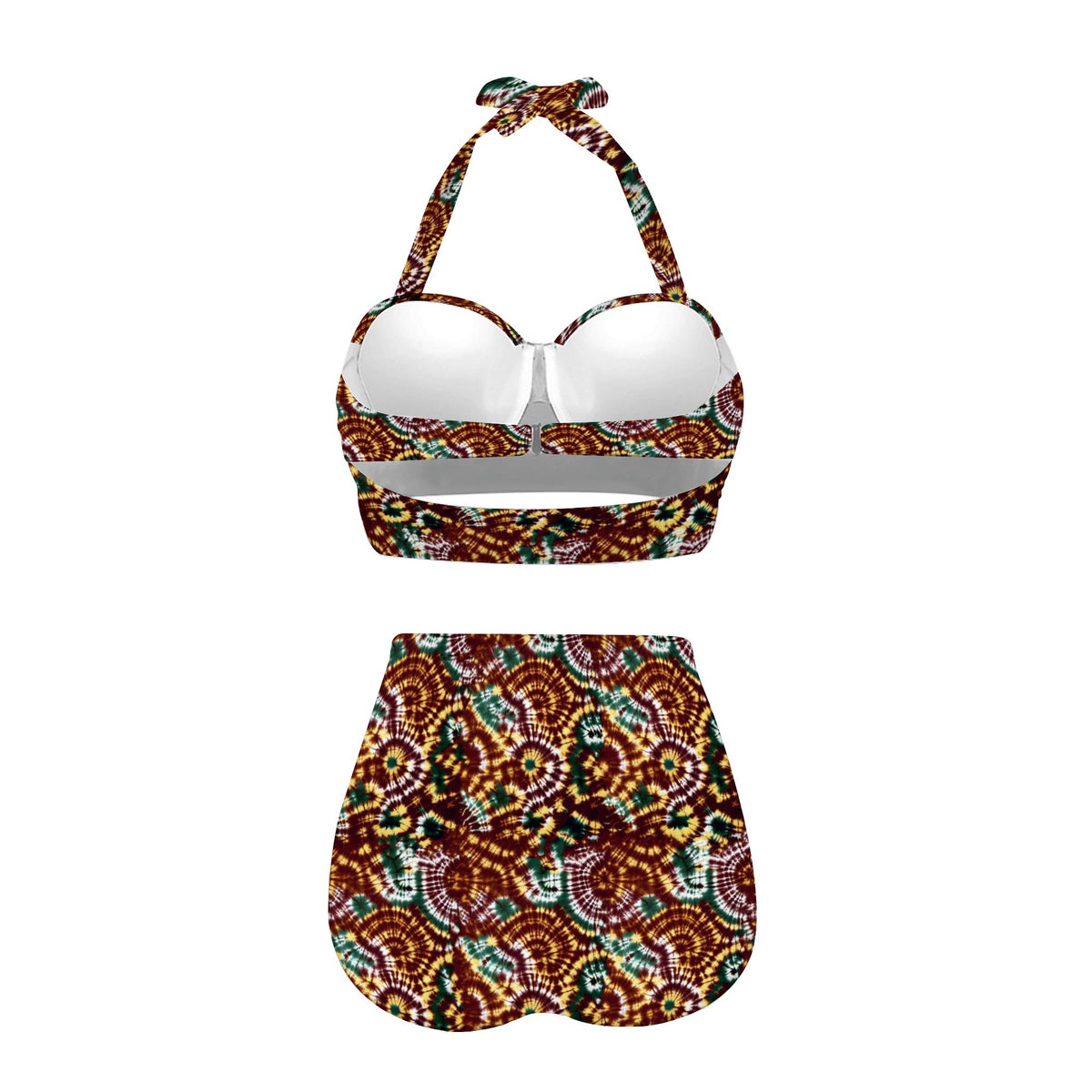 Retro High-Waist Bikini | Tie Dye-Print Halter Swimsuit | Boho Ruched Two-Piece Bathing Suit | Forest Colours